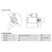 Bosch Starter Motor 12V 2.7kW 11 Teeth 0 986 017 970