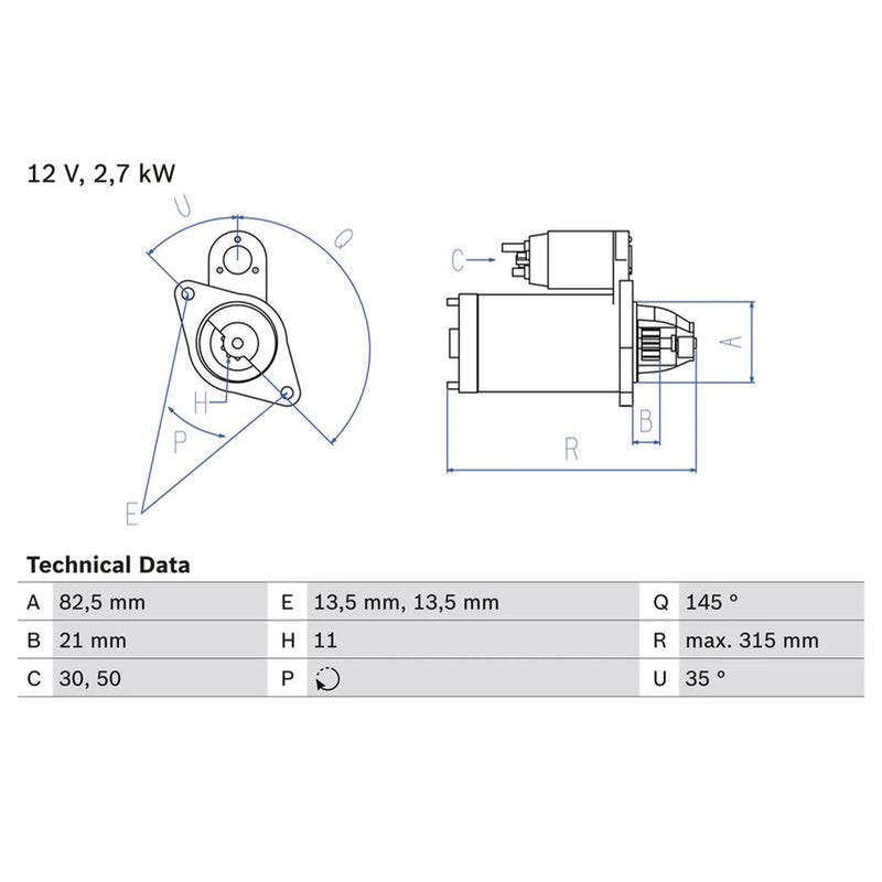 Bosch Starter Motor 12V 2.7kW 11 Teeth 0 986 017 970