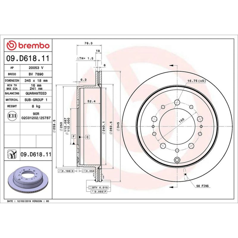 Brembo 2 x Internally Vented Rear Brake Discs 09.D618.11