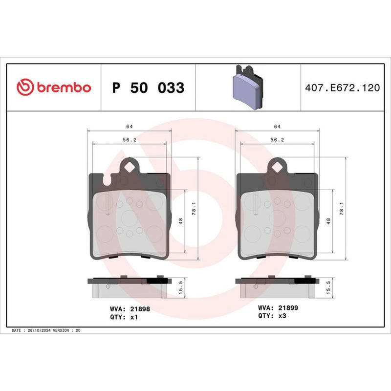 Brembo 4 x Rear Brake Pad Set P50033