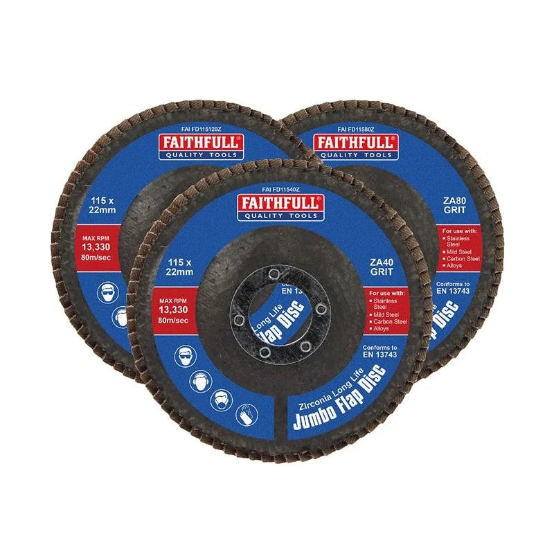Faithfull Zirconia Abrasive Jumbo Flap Disc 115 x 22mm Mixed Grit (3 Pack)