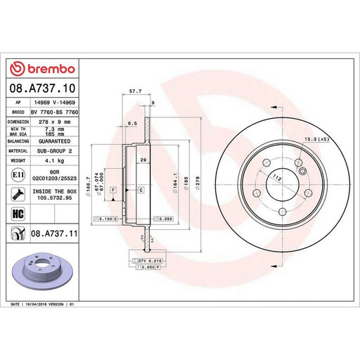 Brembo 2 x Solid Rear Brake Discs 08.A737.11
