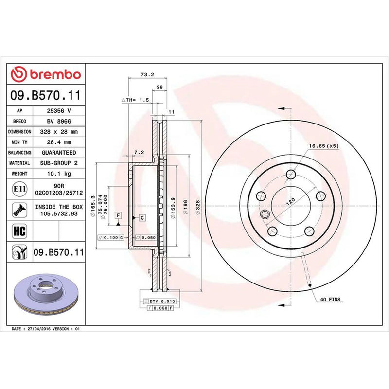 Brembo 2 x Internally Vented Front Brake Discs 09.B570.11