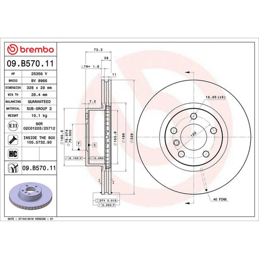 Brembo 2 x Internally Vented Front Brake Discs 09.B570.11