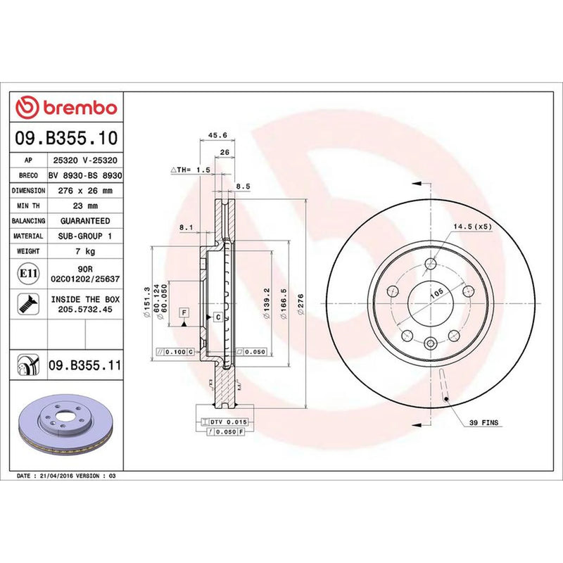Brembo 2 x Front Brake Discs 09.B355.11
