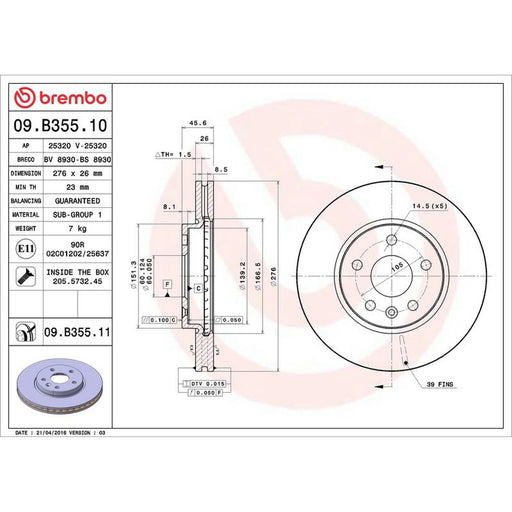 Brembo 2 x Front Brake Discs 09.B355.11