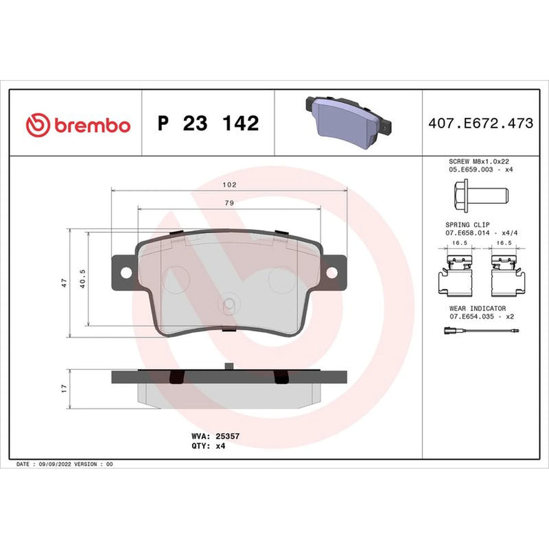 Brembo 4 x Rear Brake Pad Set P23142
