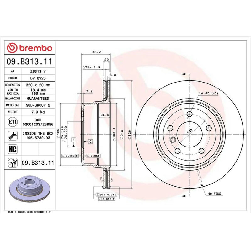 Brembo 2 x Internally Vented Rear Brake Discs 09.B313.11