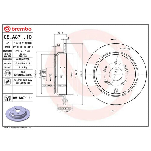 Brembo 2 x Solid Rear Brake Discs 08.A871.11