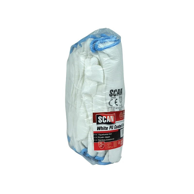 Scan White PU Coated Gloves - L (Size 9) (Pack 12) - 5004W