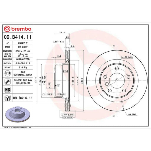 Brembo 2 x Internally Vented Rear Brake Discs 09.B414.11
