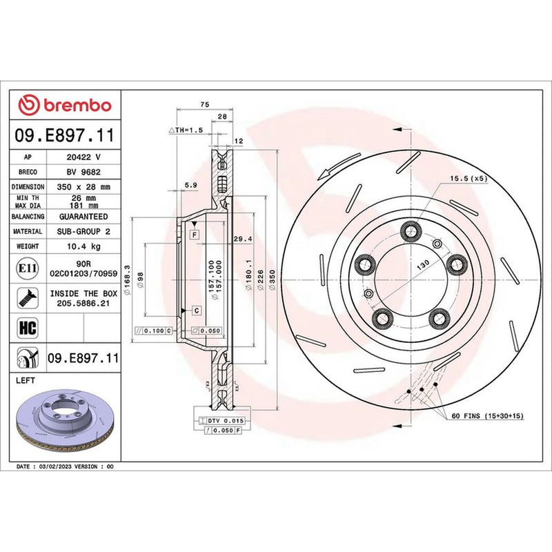 Brembo 2 x Slotted Rear Brake Discs 09.E898.11