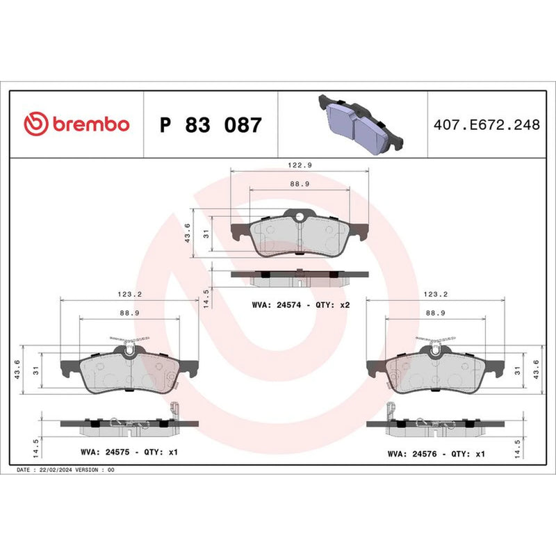 Brembo 4 x Rear Brake Pad Set P83087