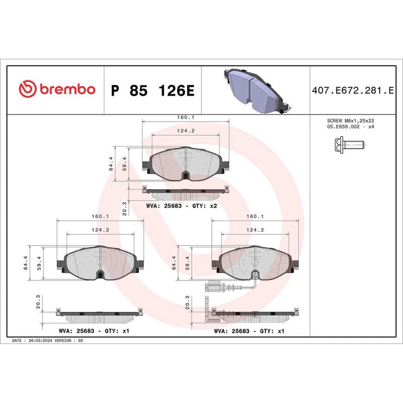 Brembo 4 x Front Brake Pad Set P85126E