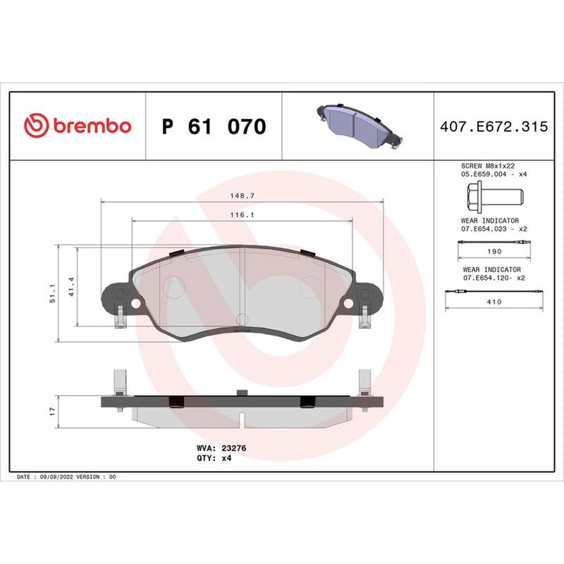 Brembo 4 x Front Brake Pad Set P61070