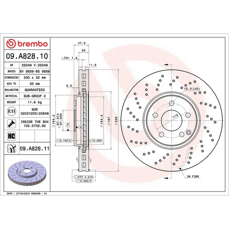 Brembo 2 x Perforated/Vented Front Brake Discs 09.A828.11