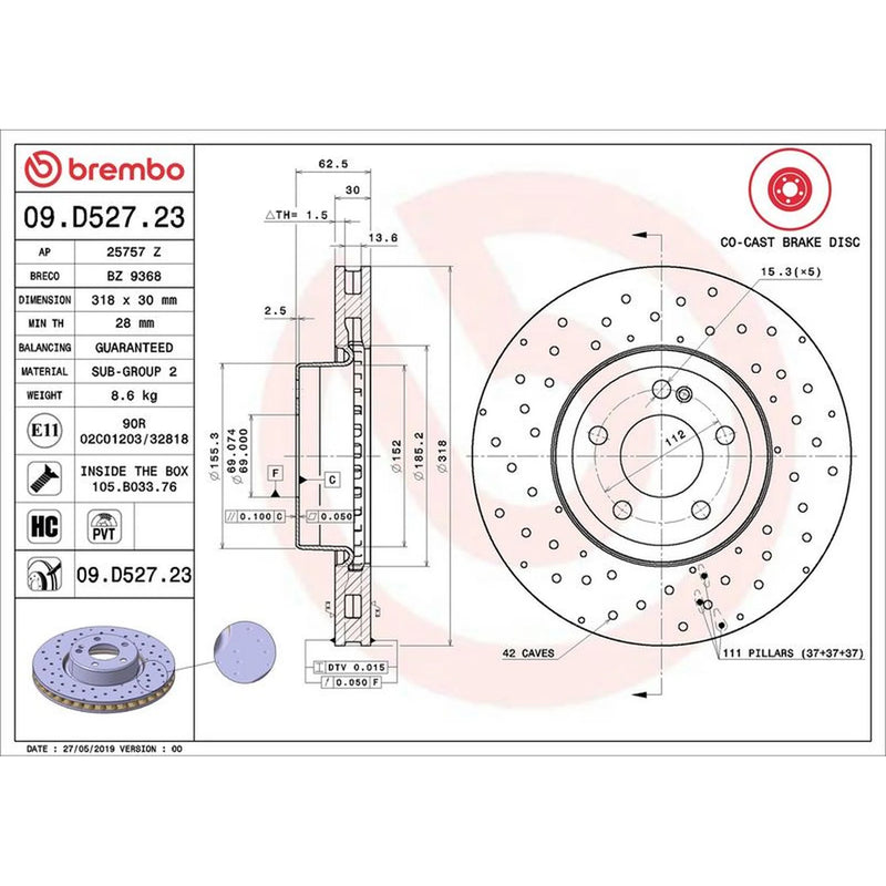 Brembo 2 x Steel Front Brake Disc Hub Brake Discs 09.D527.23