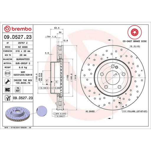 Brembo 2 x Steel Front Brake Disc Hub Brake Discs 09.D527.23