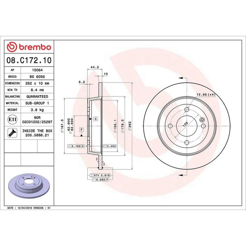 Brembo 2 x Solid Rear Brake Discs 08.C172.10