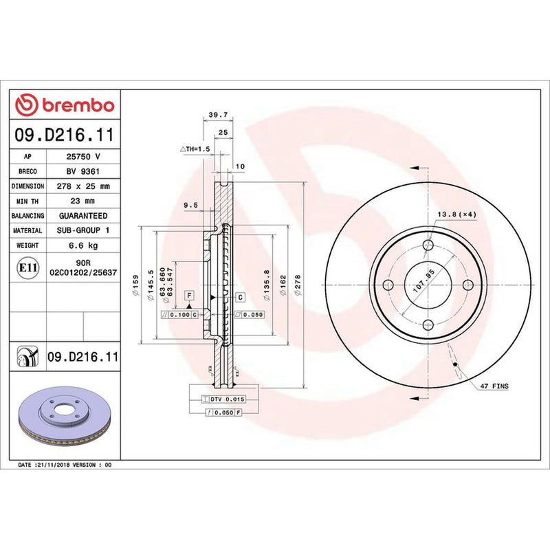 Brembo 2 x Internally Vented Front Brake Discs 09.D216.11
