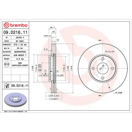 Brembo 2 x Internally Vented Front Brake Discs 09.D216.11