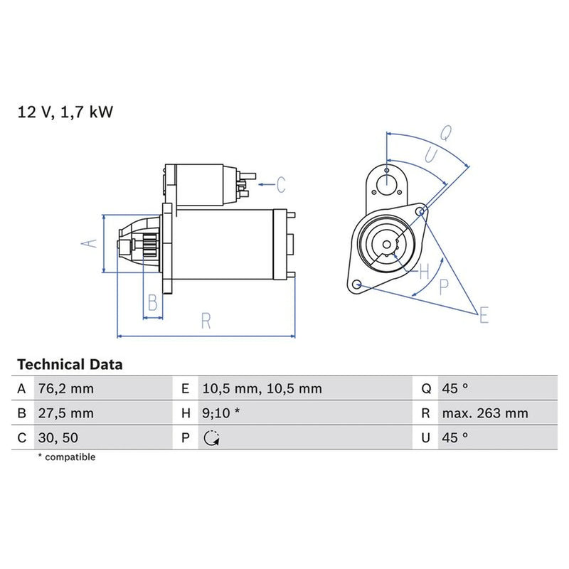 Bosch Starter Motor 12V 1.7kW 9 Teeth 0 986 018 070