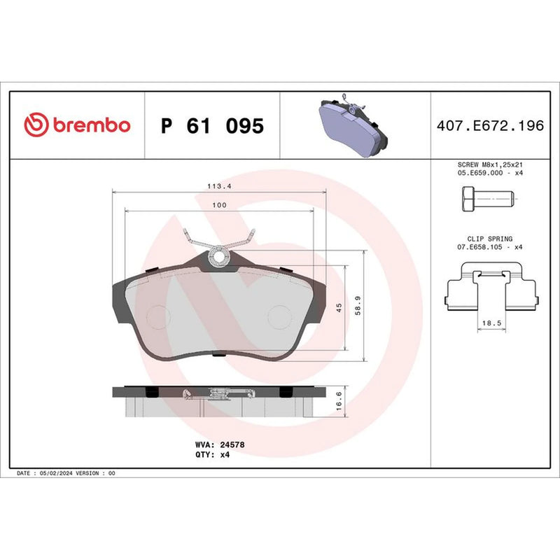 Brembo 4 x Rear Brake Pad Set P61095
