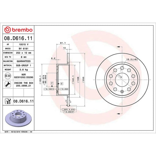 Brembo 2 x Rear Brake Discs 08.D616.11