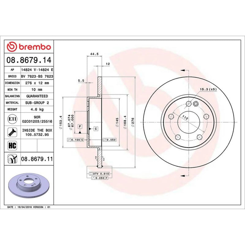 Brembo 2 x Solid Front Brake Discs 08.8679.11