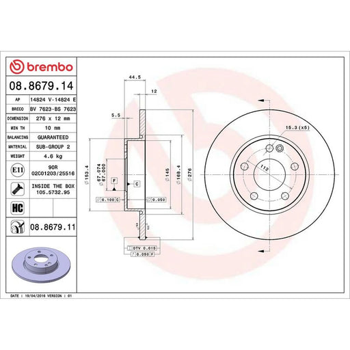 Brembo 2 x Solid Front Brake Discs 08.8679.11