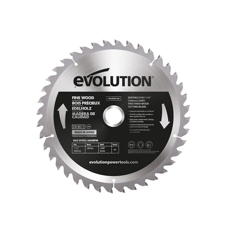 Evolution Fine Wood Mitre/Table Saw Blade 185 x 20mm x 40T - FW185TCT-40