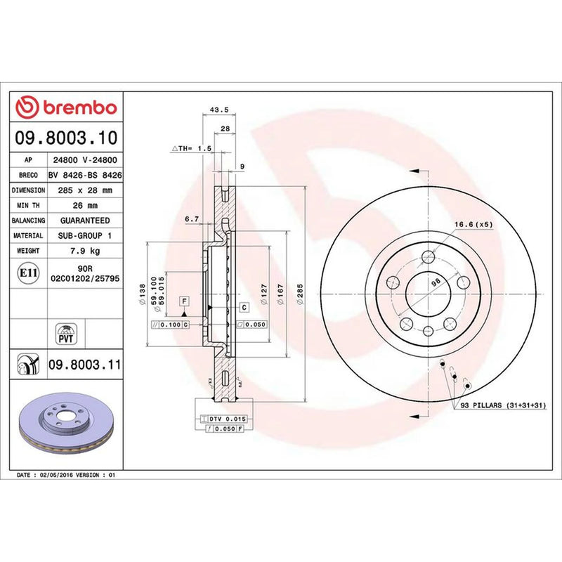 Brembo 2 x Internally Vented Front Brake Discs 09.8003.11