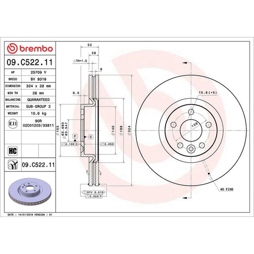 Brembo 2 x Internally Vented Front Brake Discs 09.C522.11