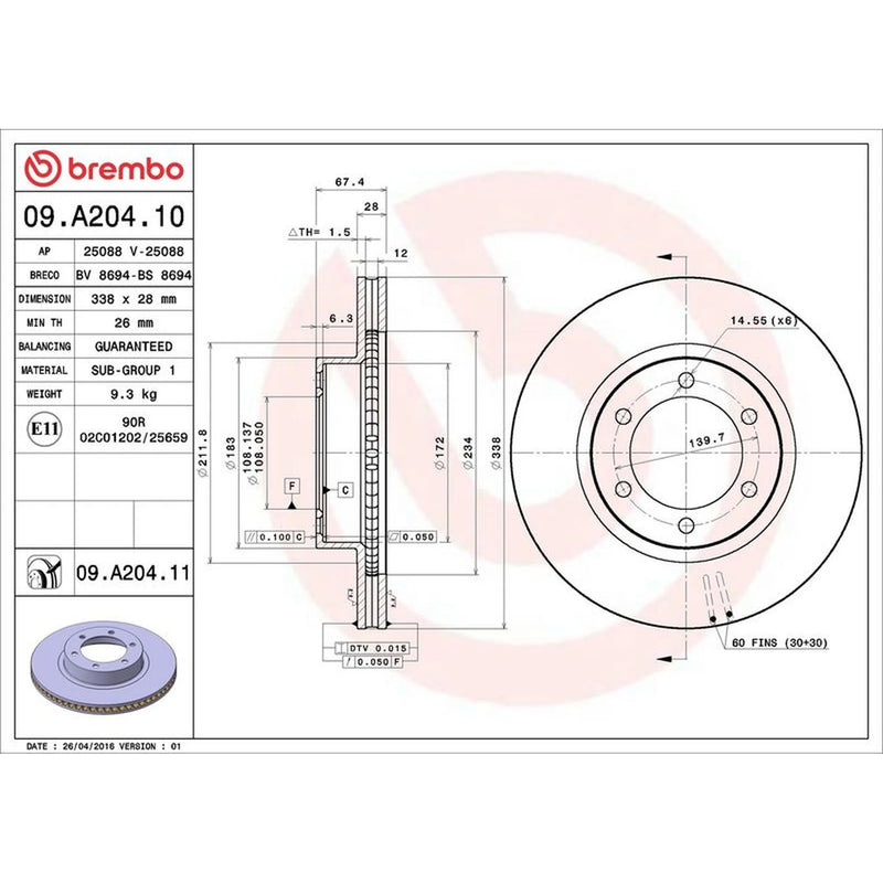 Brembo 2 x Internally Vented Front Brake Discs 09.A204.11