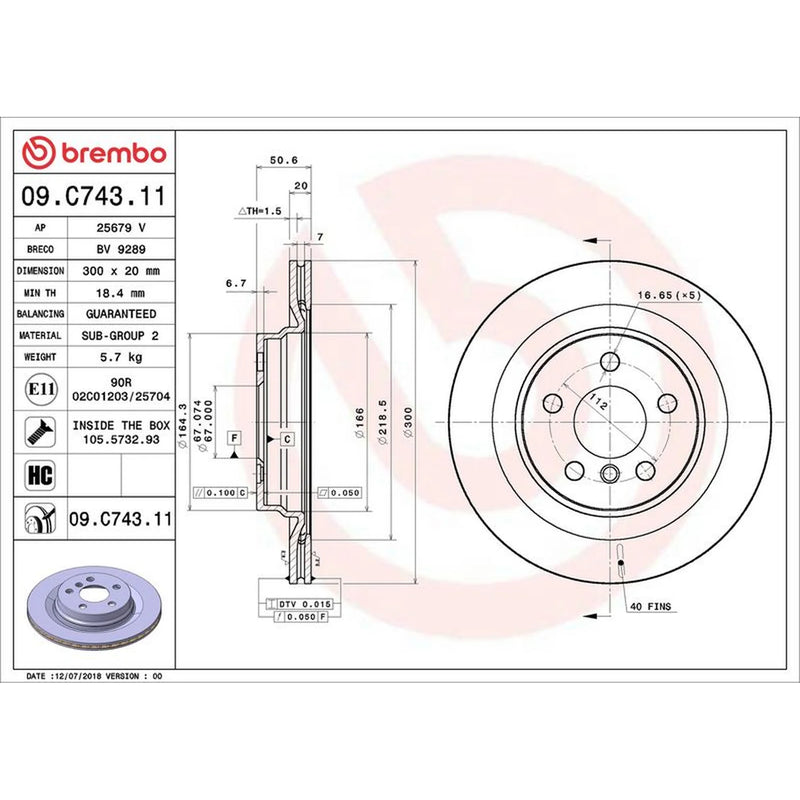 Brembo 2 x Internally Vented Rear Brake Discs 09.C743.11