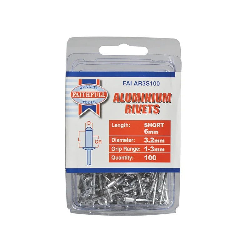 Faithfull Aluminium Rivets 3.2 x 6mm Short Pre-Pack of 100 - FAIAR3S100