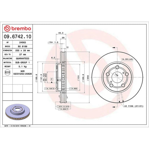 Brembo 2 x Internally Vented Front Brake Discs 09.6742.10