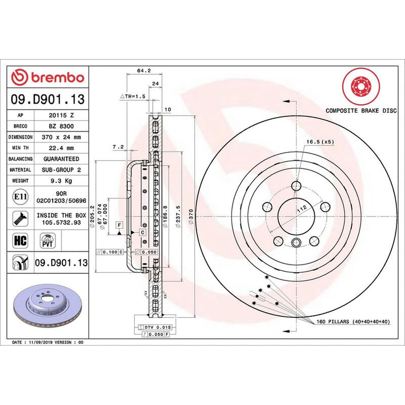 Brembo 2 x Aluminium Rear Brake Disc Hub Brake Discs 09.D901.13
