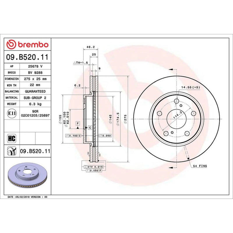 Brembo 2 x Internally Vented Front Brake Discs 09.B520.11