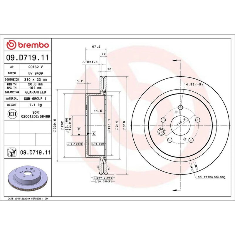 Brembo 2 x Internally Vented Rear Brake Discs 09.D719.11