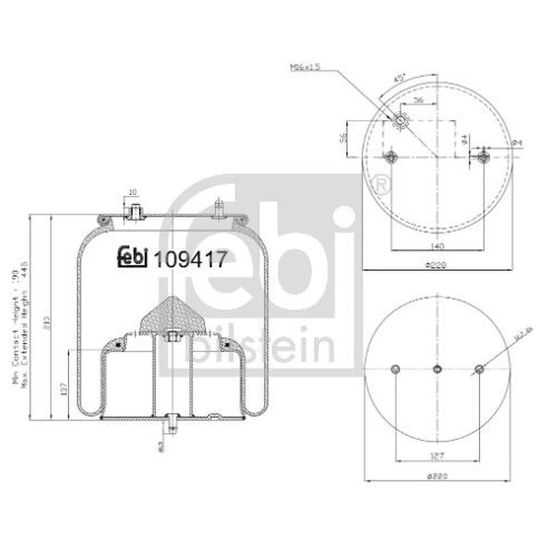 Febi Air Suspension Bellow 220mm non-steered leading axle 109417