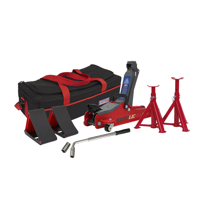 Sealey Trolley Jack 2 Tonne Low Entry Short Chassis & Accessories Bag