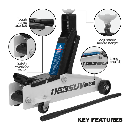 Sealey Trolley Jack 3 Tonne Long Reach High Lift SUV