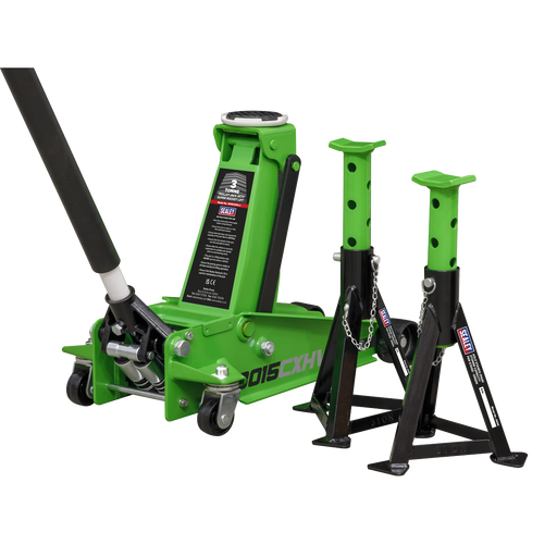 Sealey Trolley Jack 3 Tonne with Axle Stands - Green
