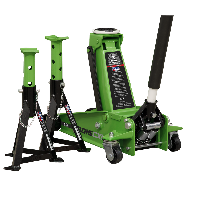 Sealey Trolley Jack 3 Tonne with Axle Stands - Green