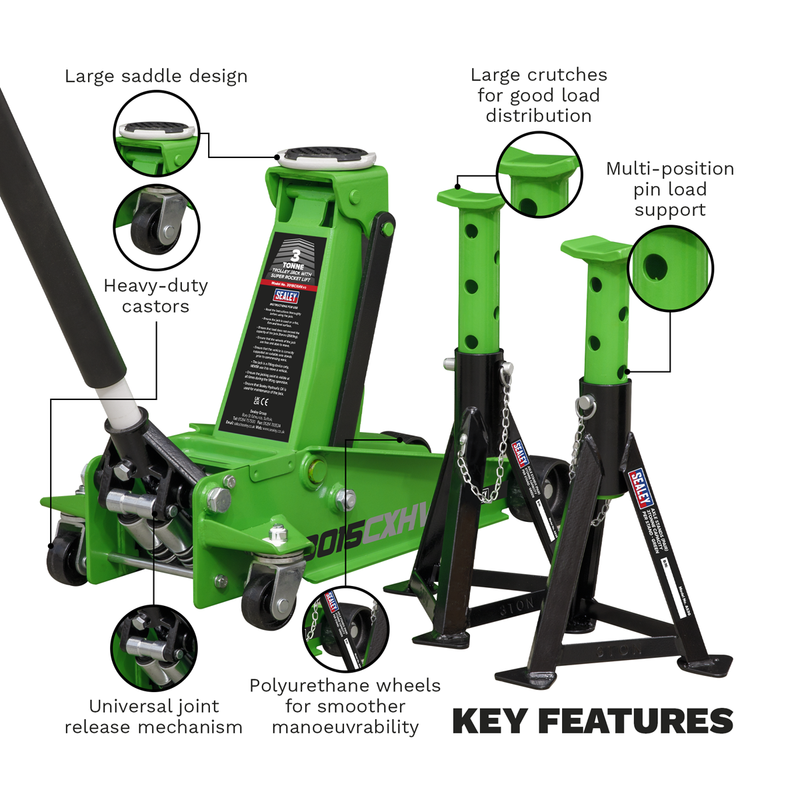 Sealey Trolley Jack 3 Tonne with Axle Stands - Green