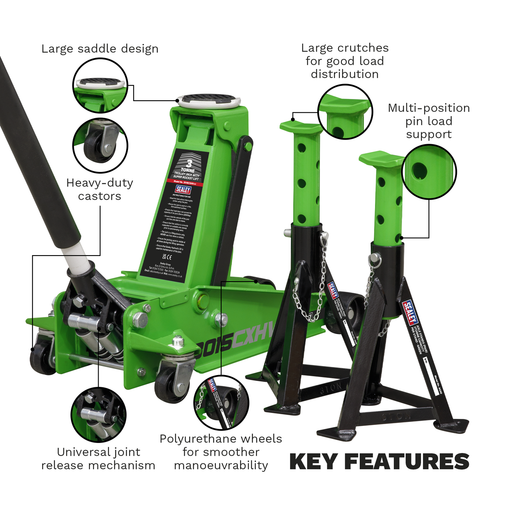 Sealey Trolley Jack 3 Tonne with Axle Stands - Green