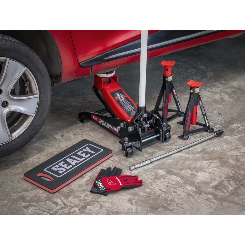Sealey Trolley Jack Combo 3 Tonne with Axle Stands & Gloves