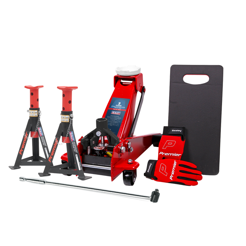 Sealey Trolley Jack Combo 3 Tonne with Axle Stands & Gloves