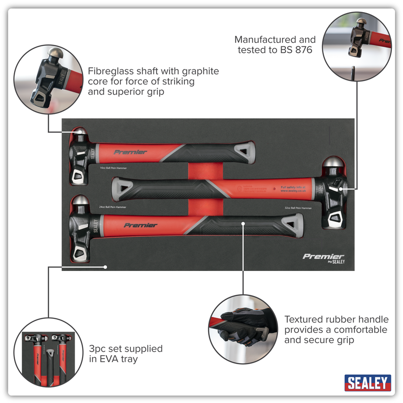 Sealey Premier Ball Pein Hammer Set 3 Piece - 450g, 680g, 907g